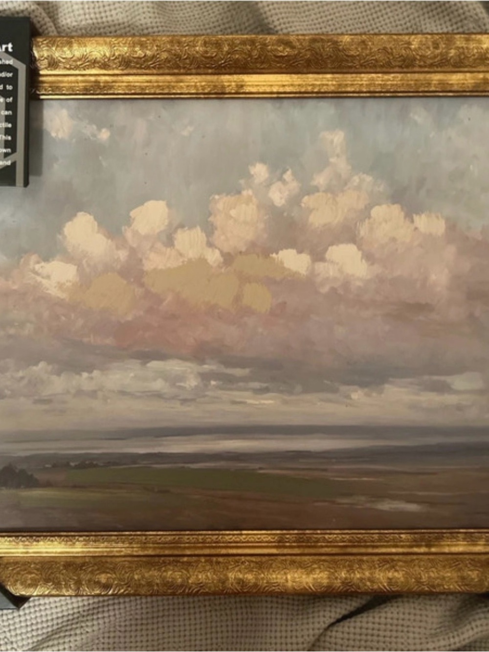Framed Landscape Oil Art Print in Gold and Pastel Tones